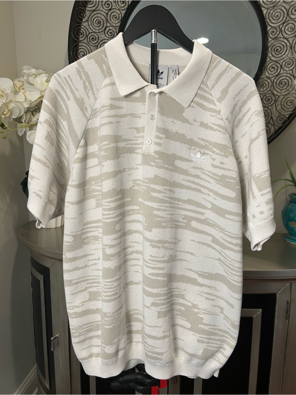 adidas Men’s Beige and Cream Patterned Polo